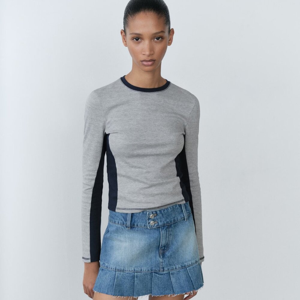 Mango Cotton long sleeve t-shirt cropped top contrasting panels S gray dark navy